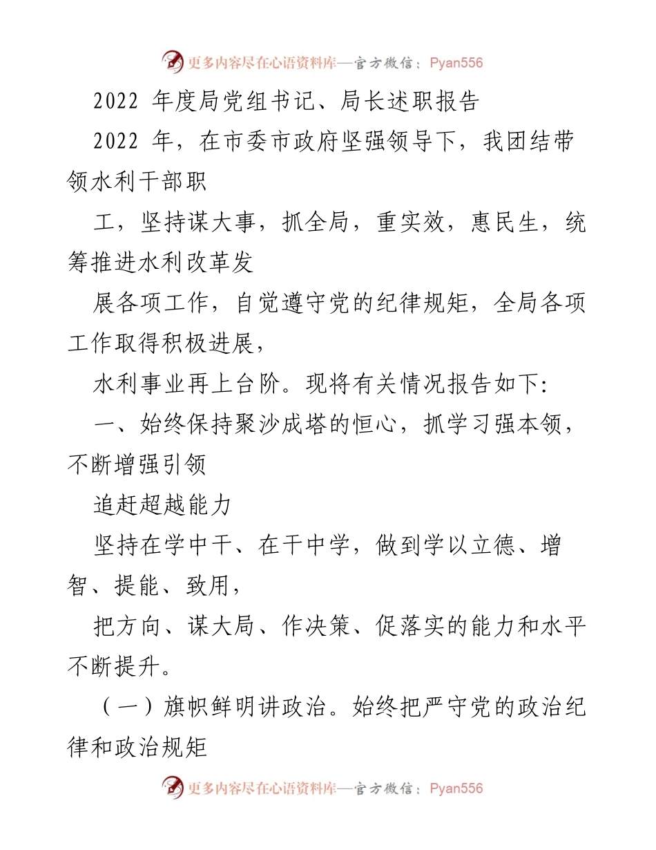 [述职报告] 水利局年度总结 - 2022年度水利局党组书记、局长述职报告.docx_第1页
