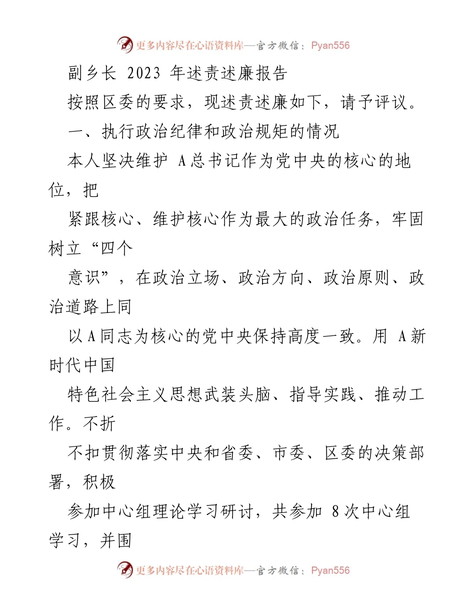 [述责述廉报告] 乡镇政府 - 副乡长2023年述责述廉报告_1.docx_第1页