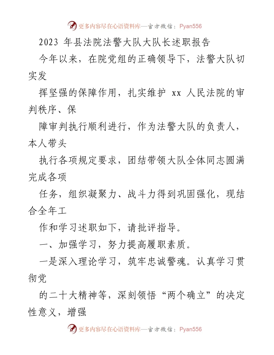 [述职报告] 法院工作 - 2023年法警大队长述职报告.docx_第1页