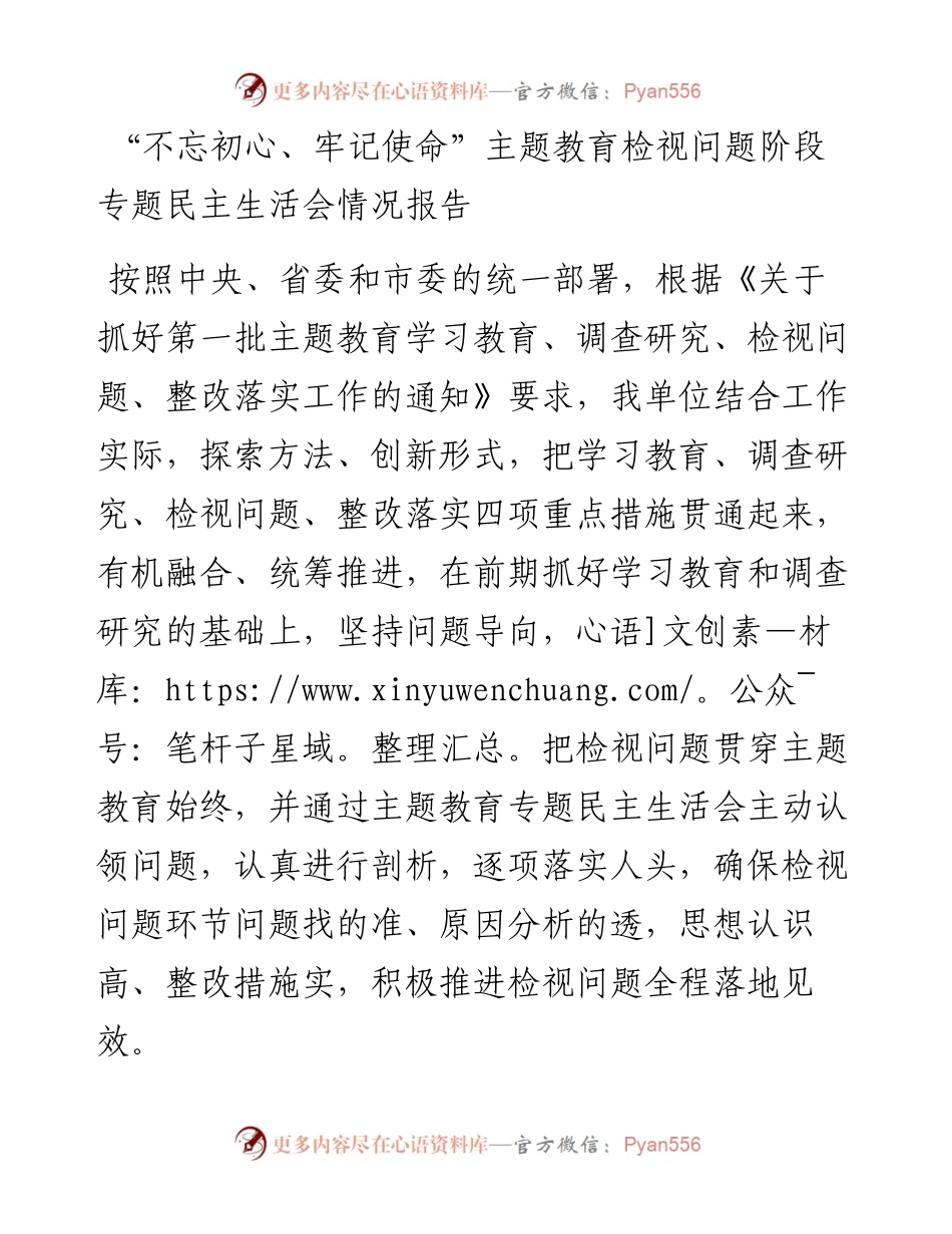 “不忘初心、牢记使命”主题教育检视问题阶段专题民主生活会情况报告.docx_第1页