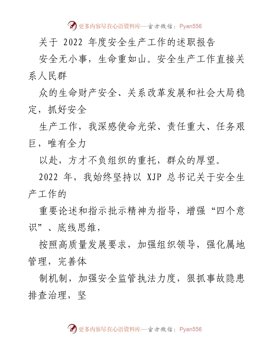 [述职报告] 安全生产工作 - 2022年度安全生产工作述职报告.docx_第1页