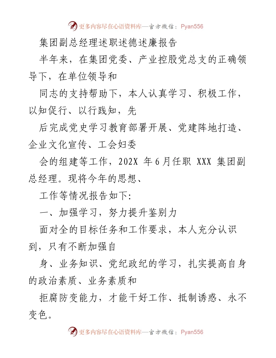 [述职报告] 集团工作总结 - 副总经理半年述职述德述廉报告.docx_第1页