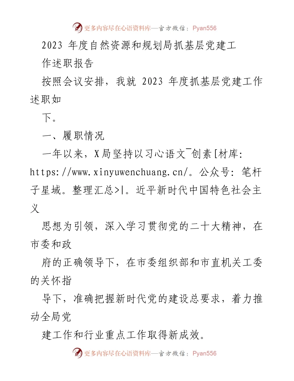 [述职报告] 自然资源和规划局 - 2023年度基层党建工作述职报告.docx_第1页