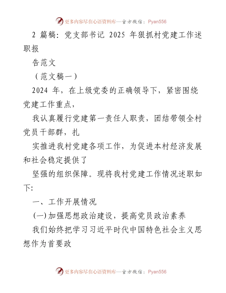 [述职报告] 村党建工作 - 2025年村党建工作述职报告范文.docx_第1页
