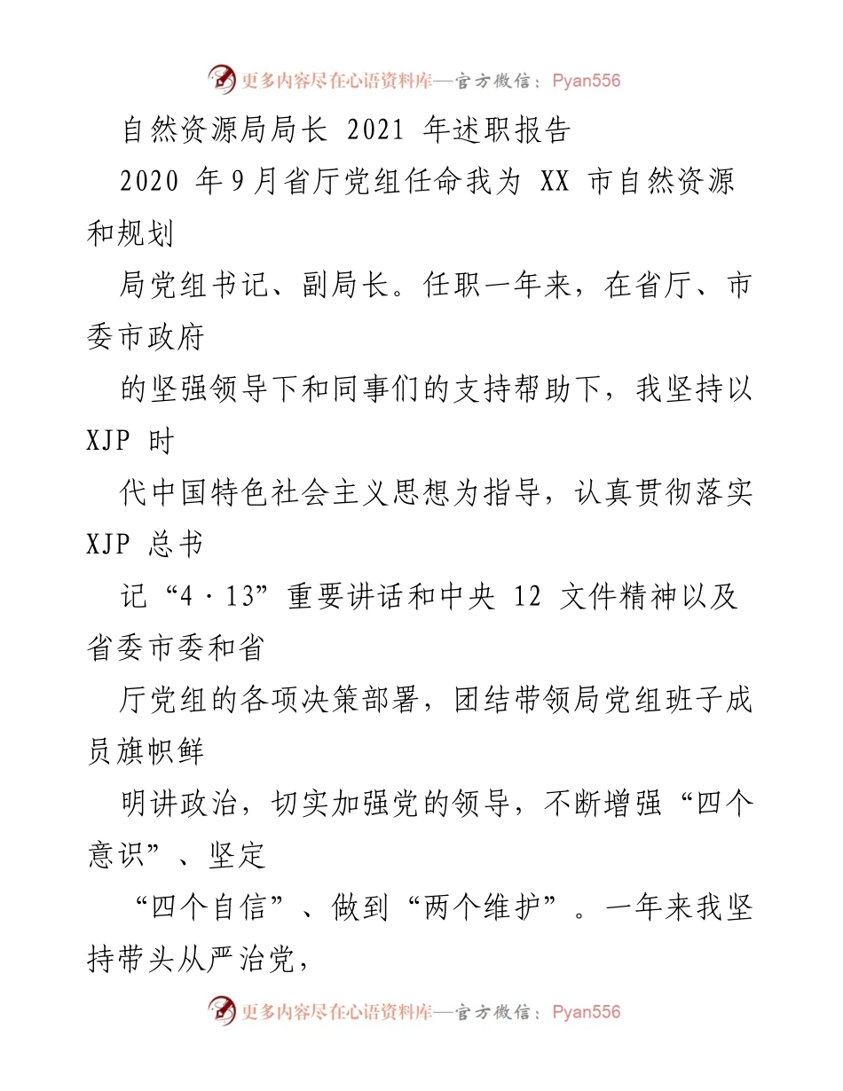 [述职报告] 自然资源局 - 2021年自然资源局局长述职总结.docx_第1页