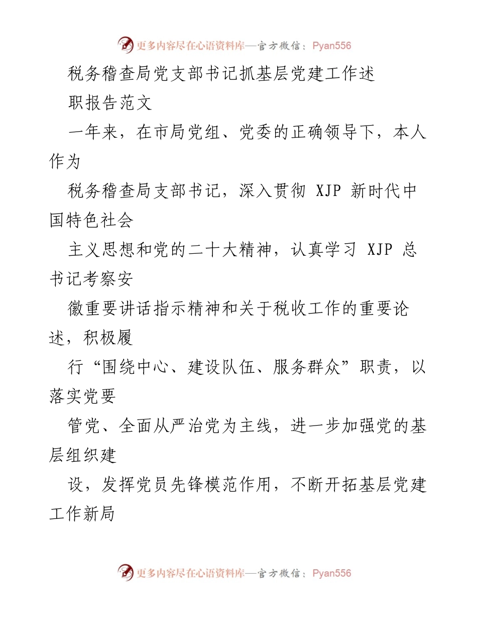 [述职报告] 税务稽查局 - 税务稽查局党支部书记抓党建工作总结与反思.docx_第1页