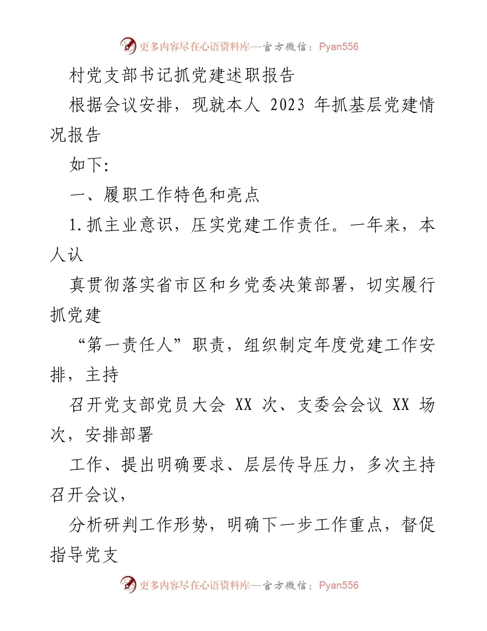 [述职报告] 村党支部会议 - 2023年村党支部书记党建工作述职报告.docx_第1页