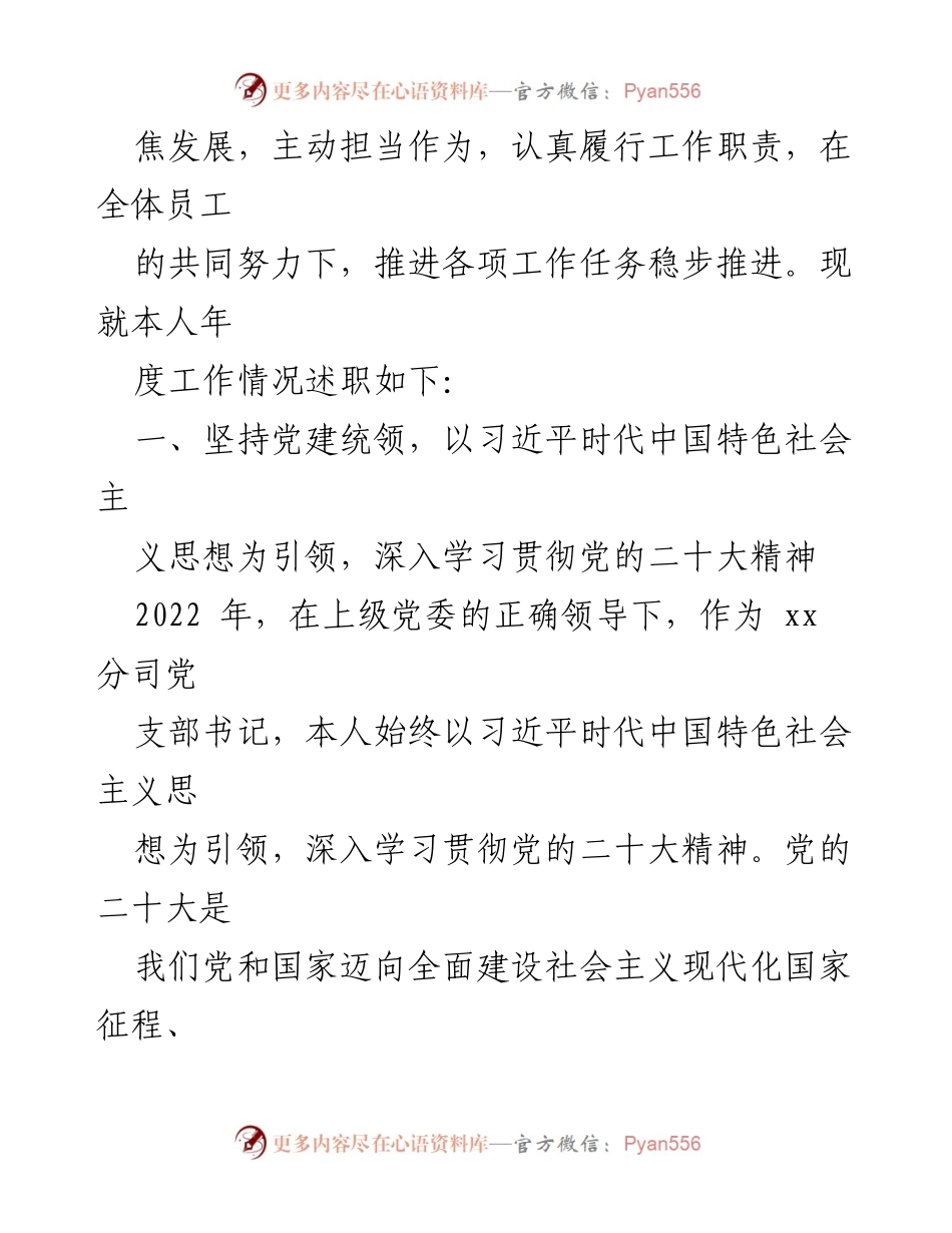 [述职报告] 年度工作总结 - 2022年分司党支部书记述职报告.docx_第2页