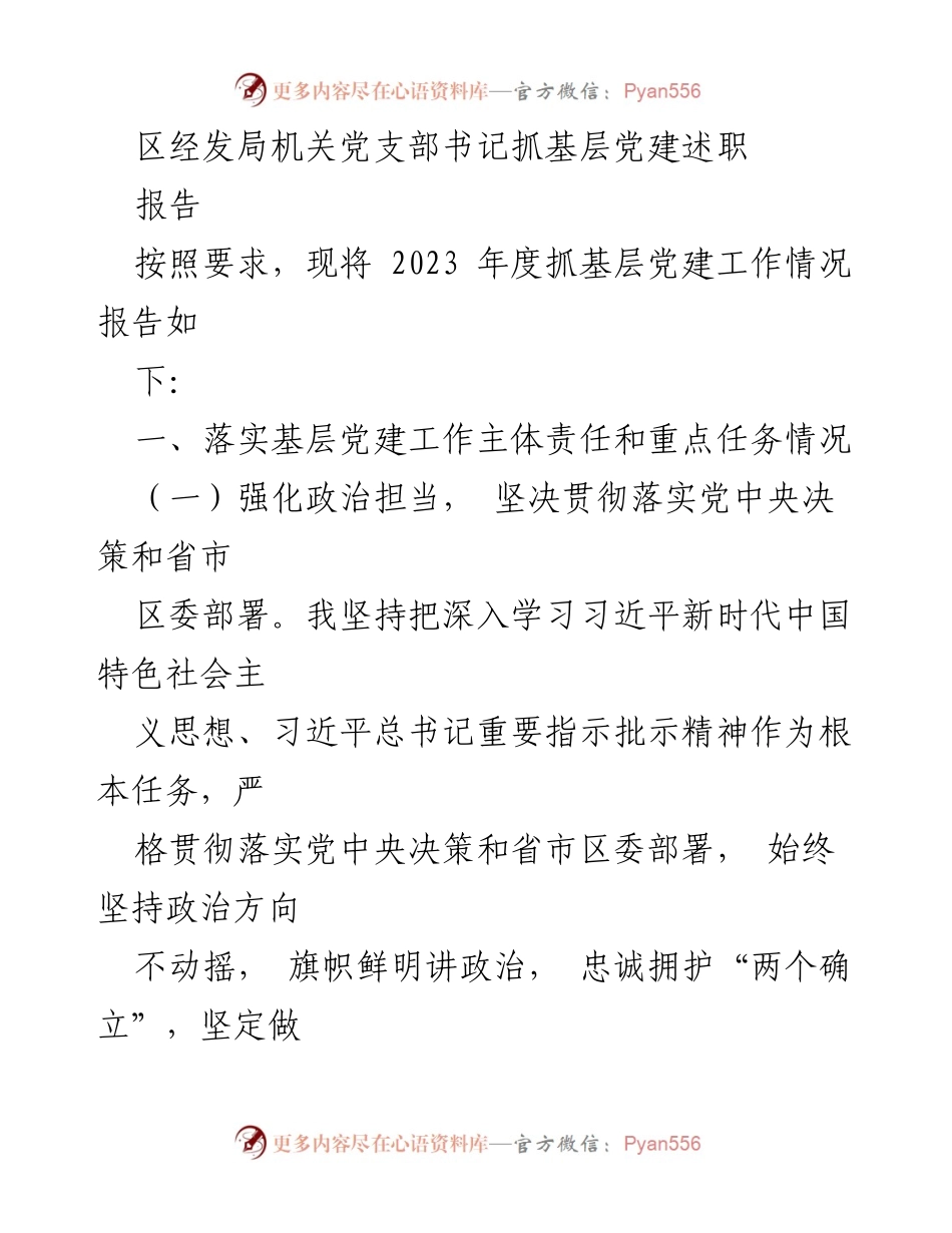 [述职报告] 基层党建工作 - 2023年度区经发局党建述职报告.docx_第1页