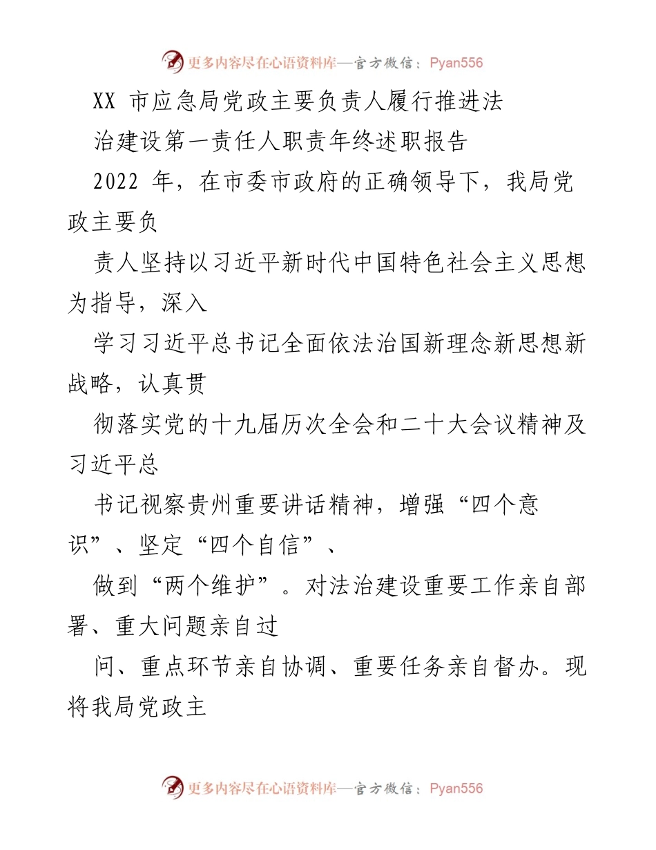 [述职报告] 年终总结 - XX市应急局法治建设责任履行情况报告.docx_第1页