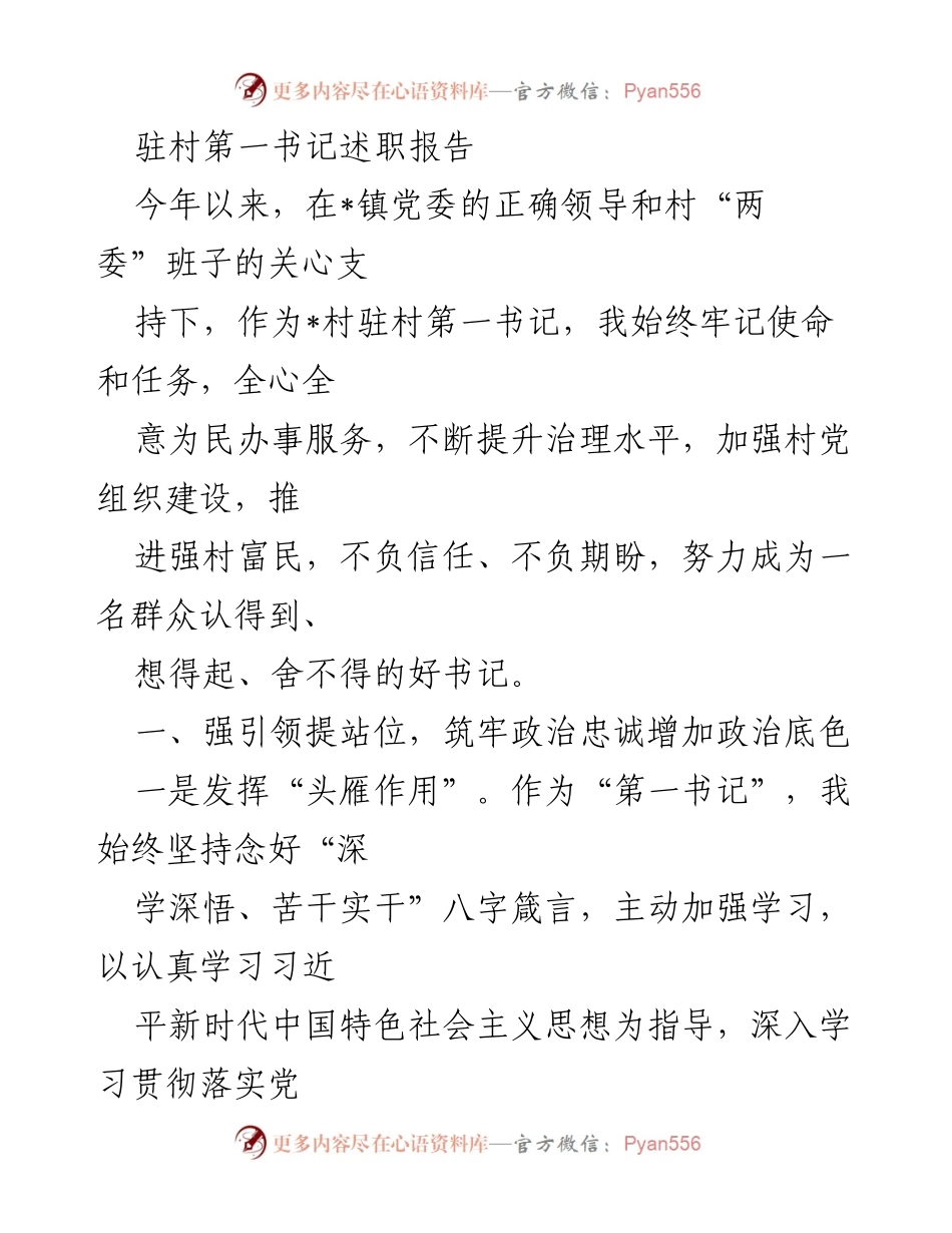 [述职报告] 驻村工作 - 驻村第一书记年度述职总结_1.docx_第1页