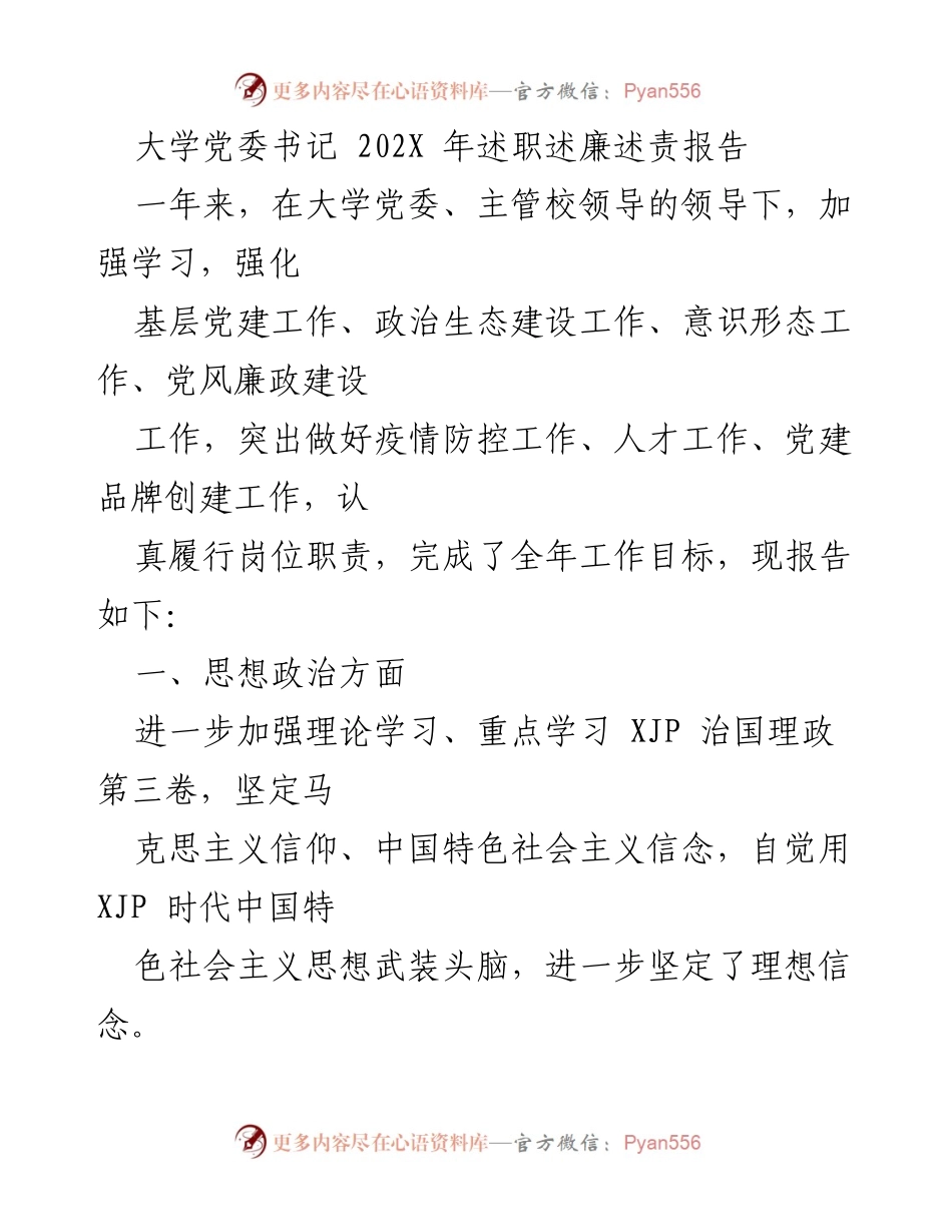 [述职报告] 大学党委会议 - 202X年党委书记述职述廉述责报告.docx_第1页