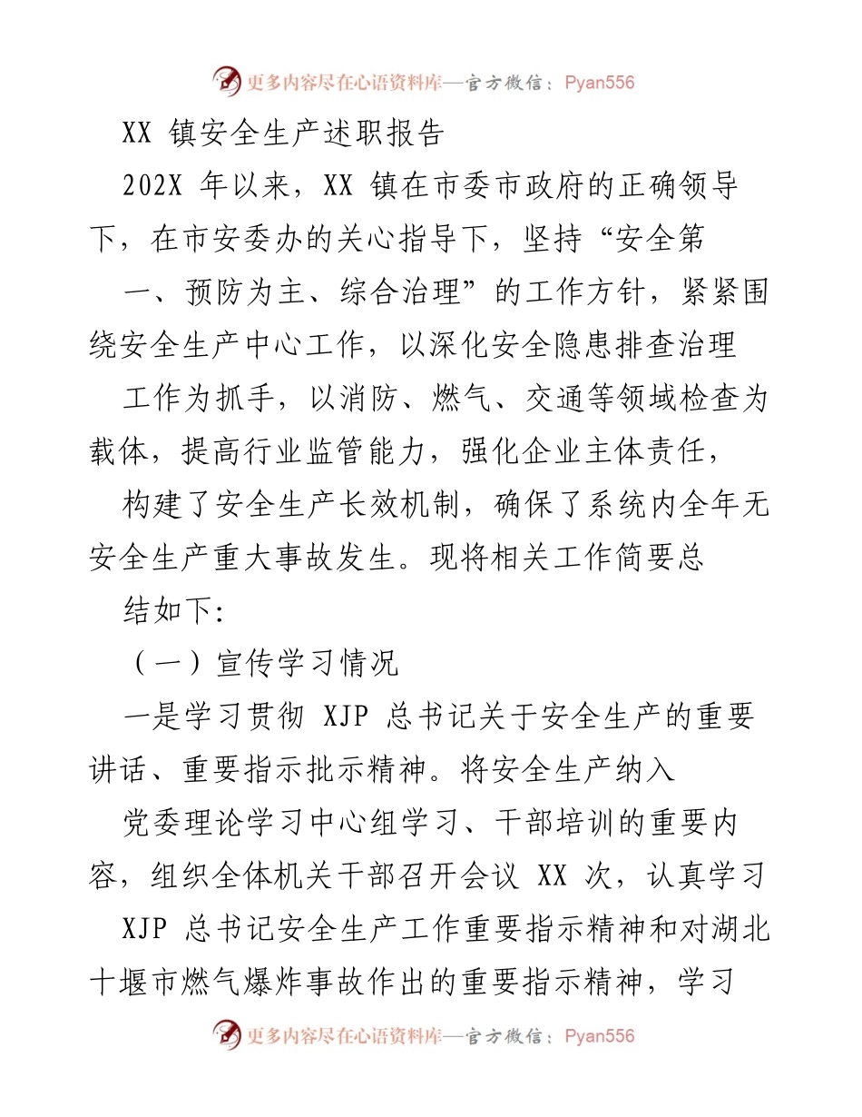 [述职报告] 安全生产工作总结 - XX 镇202X年安全生产工作述职报告.docx_第1页