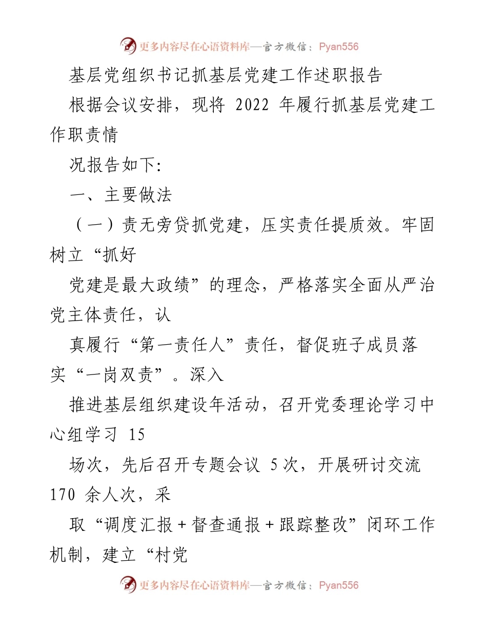[述职报告] 基层党建工作 - 基层党组织书记党建工作述职总结.docx_第1页