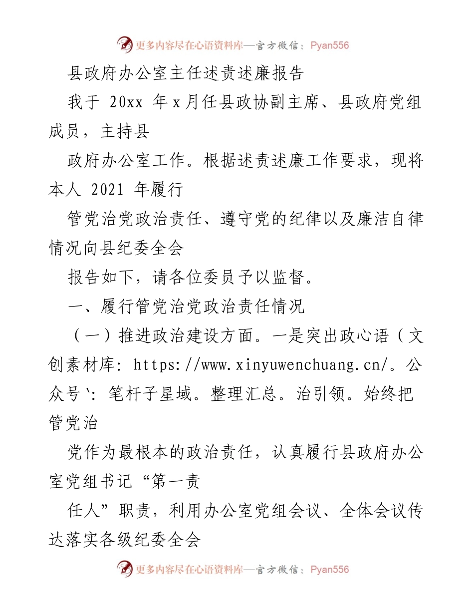 [述责述廉报告] 县纪委全会 - 县政府办公室主任履责与廉政情况报告.docx_第1页