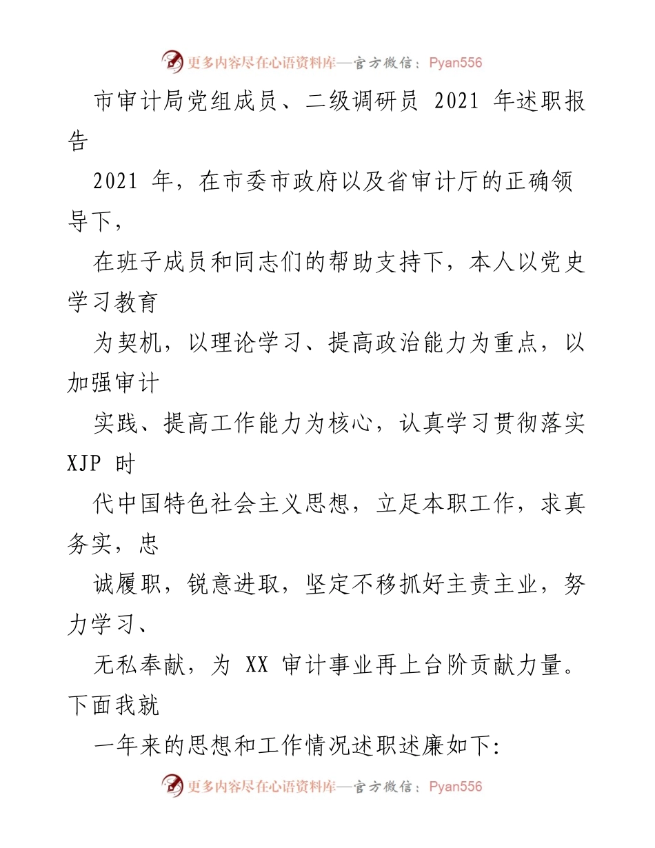 [述职报告] 市审计局 - 2021年审计局党组成员述职总结报告.docx_第1页
