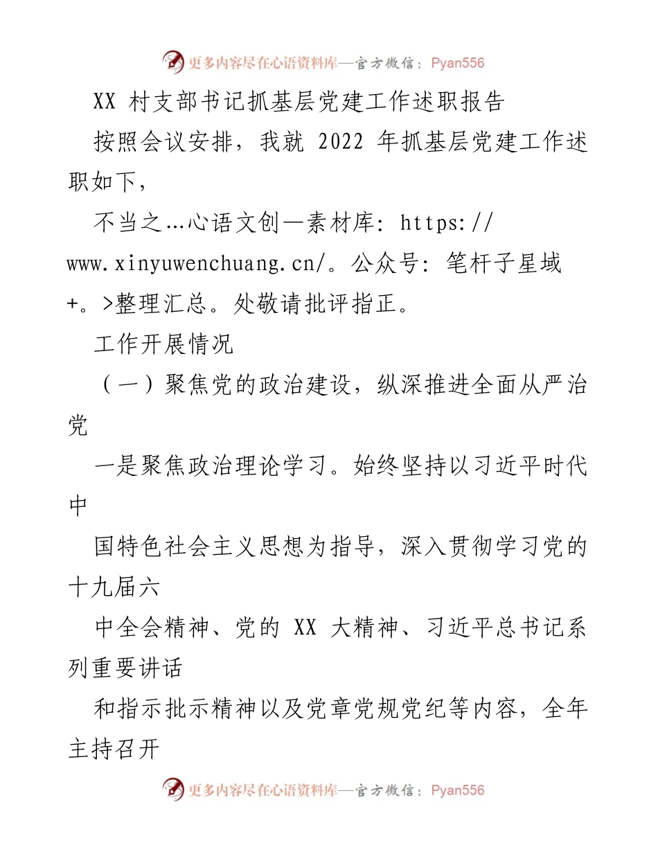 [述职报告] 村支部会议 - XX村支部书记2022年基层党建工作述职报告_2.docx_第1页