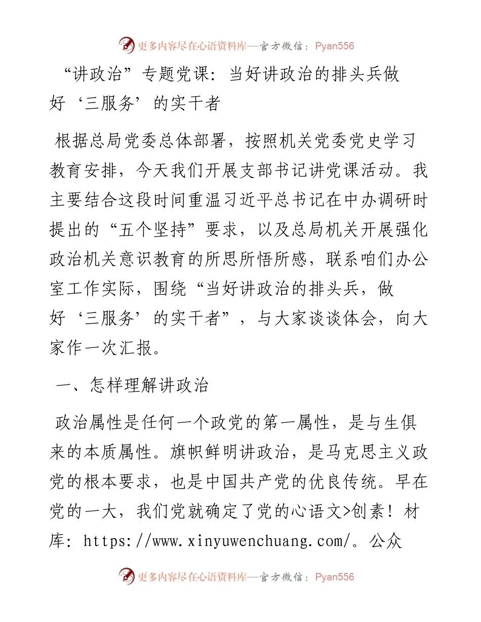 “讲政治”专题党课：当好讲政治的排头兵 做好‘三服务’的实干者.docx_第1页
