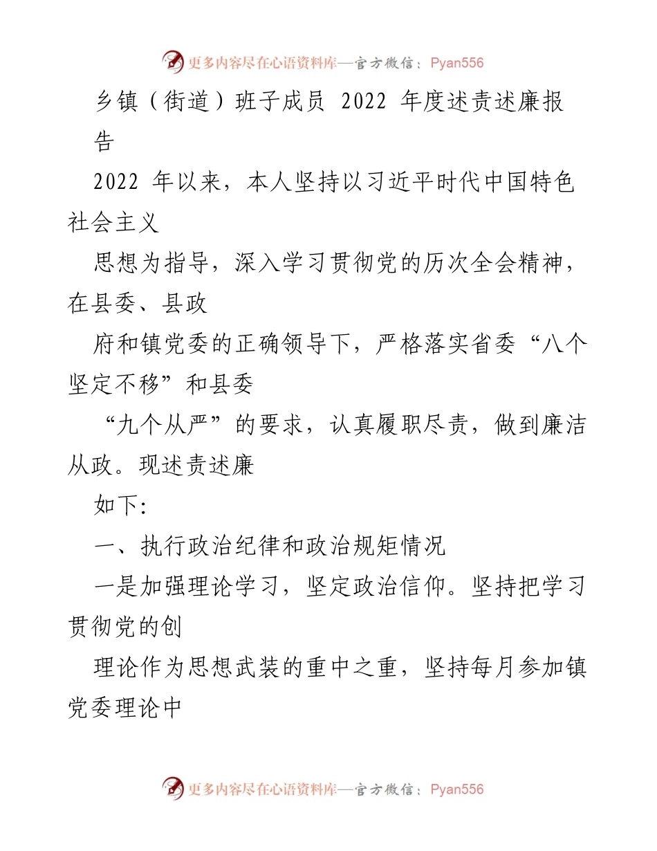 [述责述廉报告] 乡镇班子成员年度总结 - 2022年度述责述廉报告.docx_第1页
