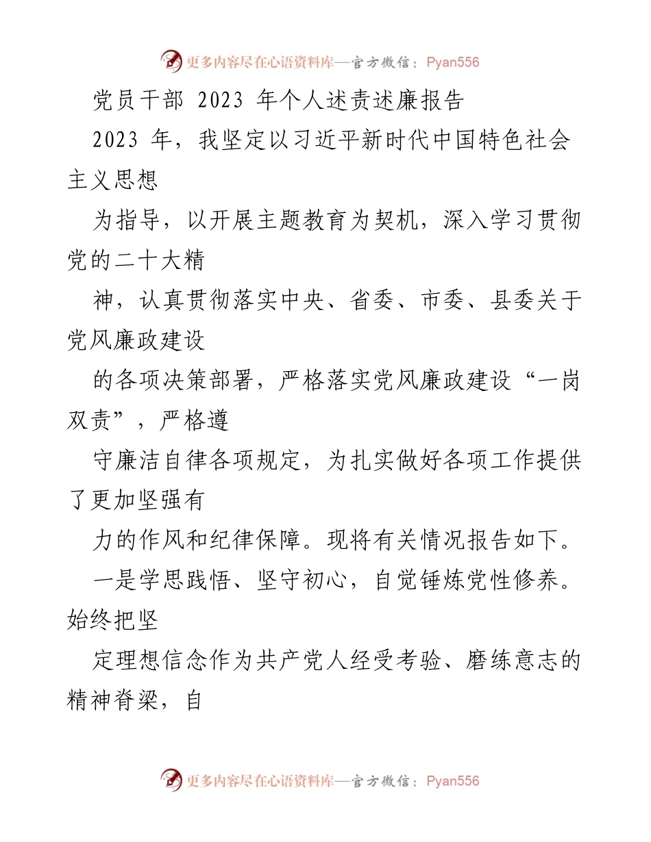 [述责述廉报告] 党员干部个人总结 - 2023年党员干部个人述责述廉报告.docx_第1页
