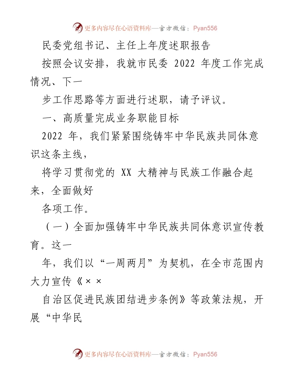 [述职报告] 民委年度总结 - 2022年度市民委工作述职报告.docx_第1页