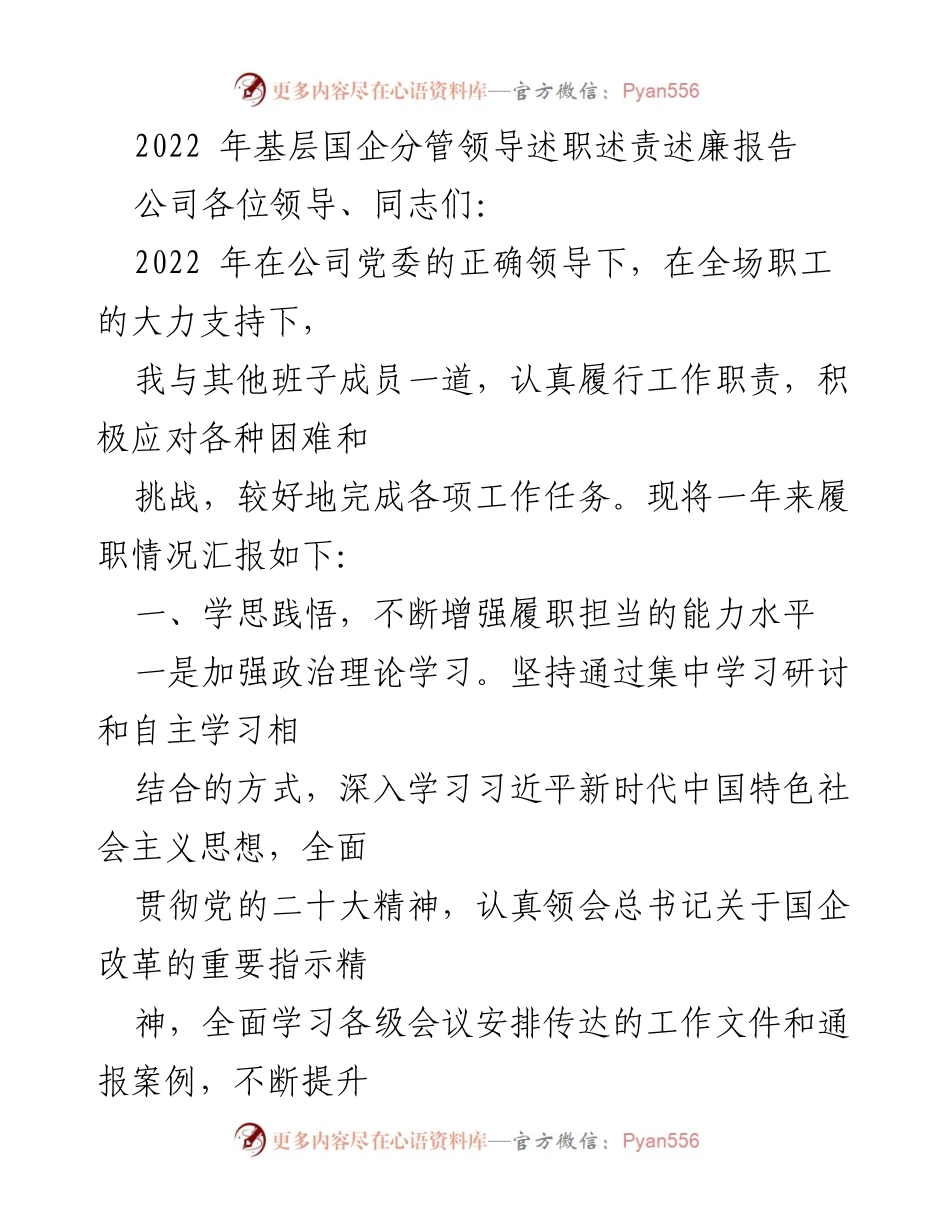 [述职报告] 基层国企 - 2022年度分管领导履职总结与反思.docx_第1页