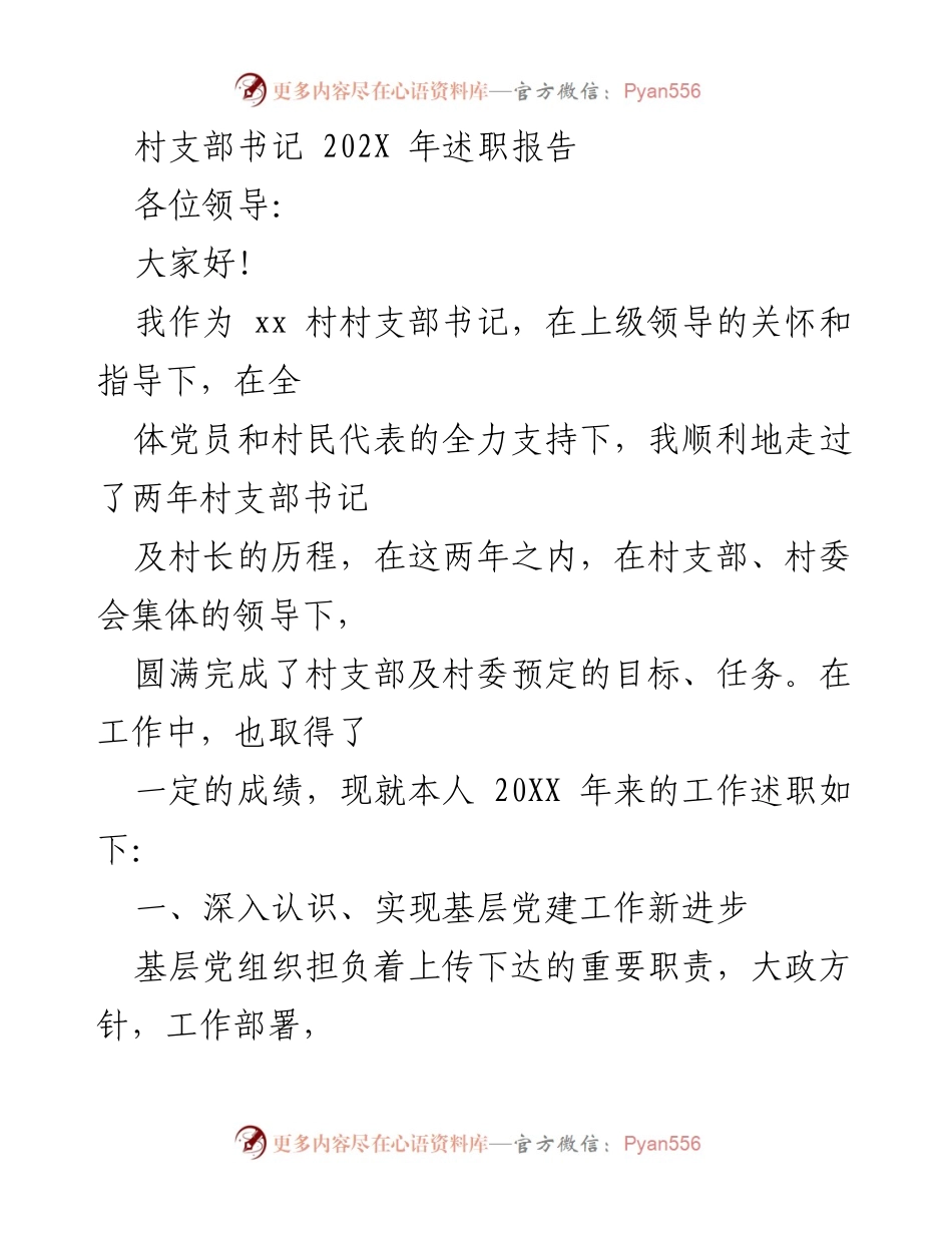 [述职报告] 村支部书记述职 - 202X年村支部书记工作总结与党建成效报告.docx_第1页