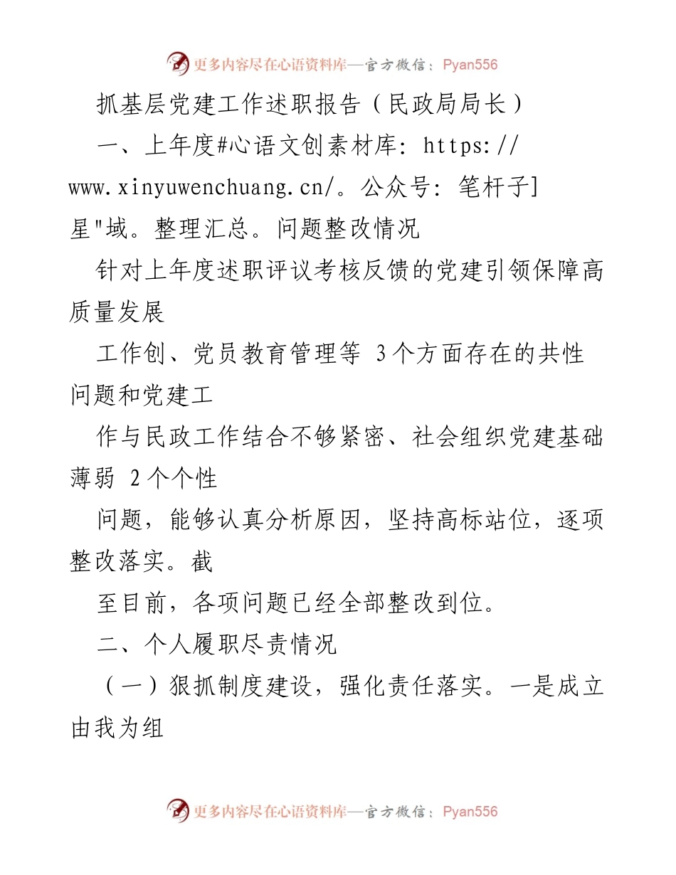 [述职报告] 民政局党建工作 - 基层党建工作成效与整改措施总结.docx_第1页