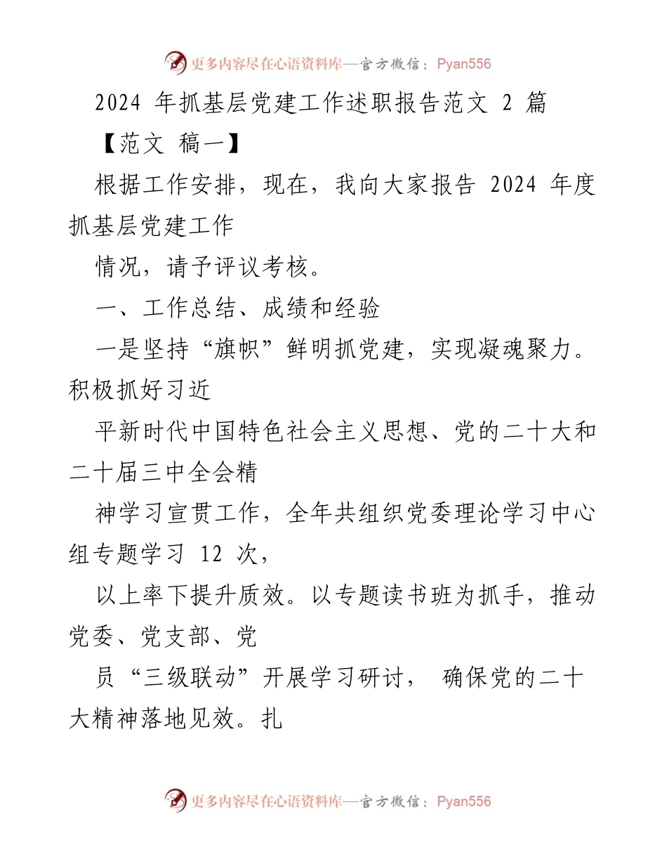 [述职报告] 基层党建工作 - 2024年度基层党建工作述职报告_1.docx_第1页