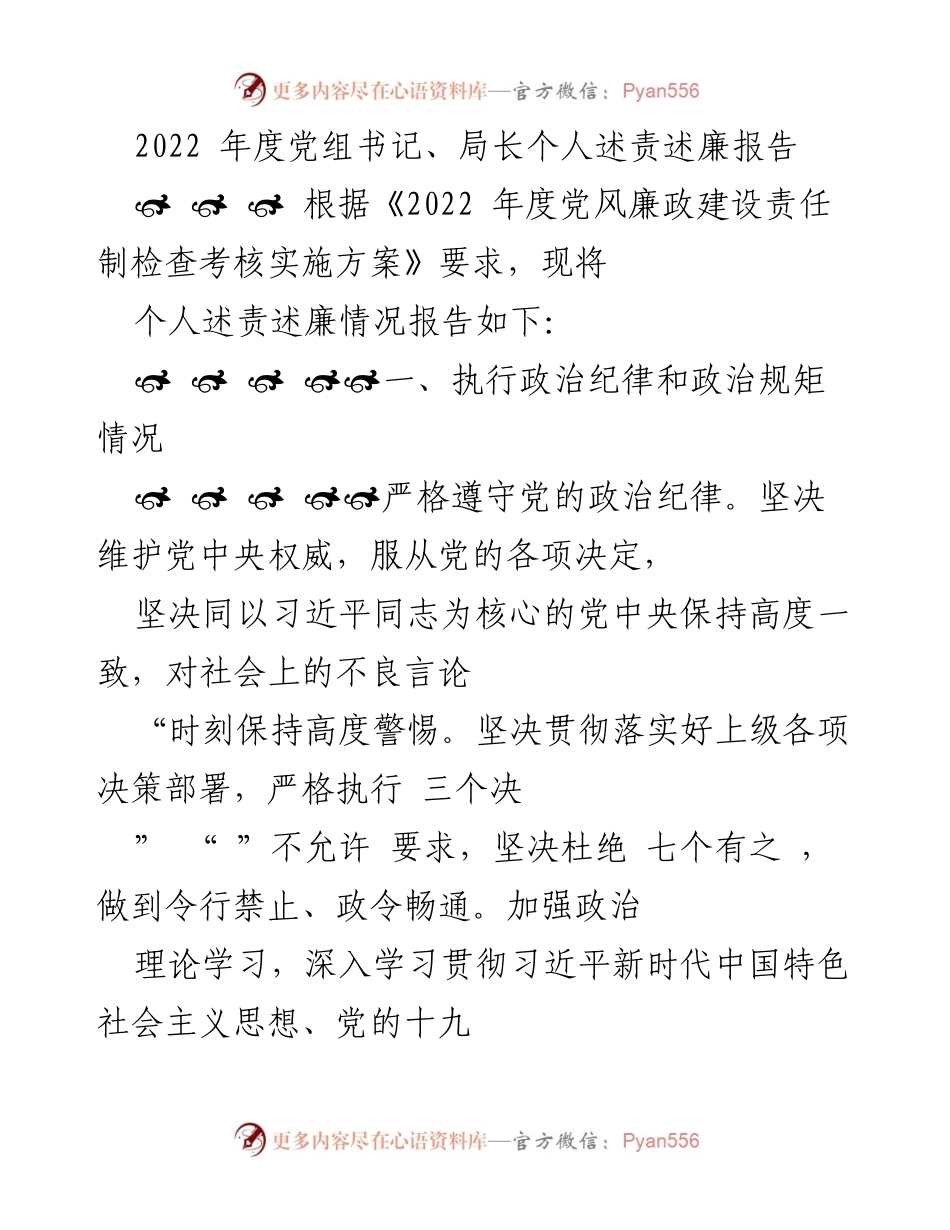 [述责述廉报告] 年度总结 - 2022年度党组书记、局长述责述廉报告.docx_第1页