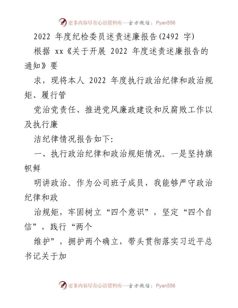 [述责述廉报告] 纪检委员年度总结 - 2022年度纪检委员述责述廉报告.docx_第1页