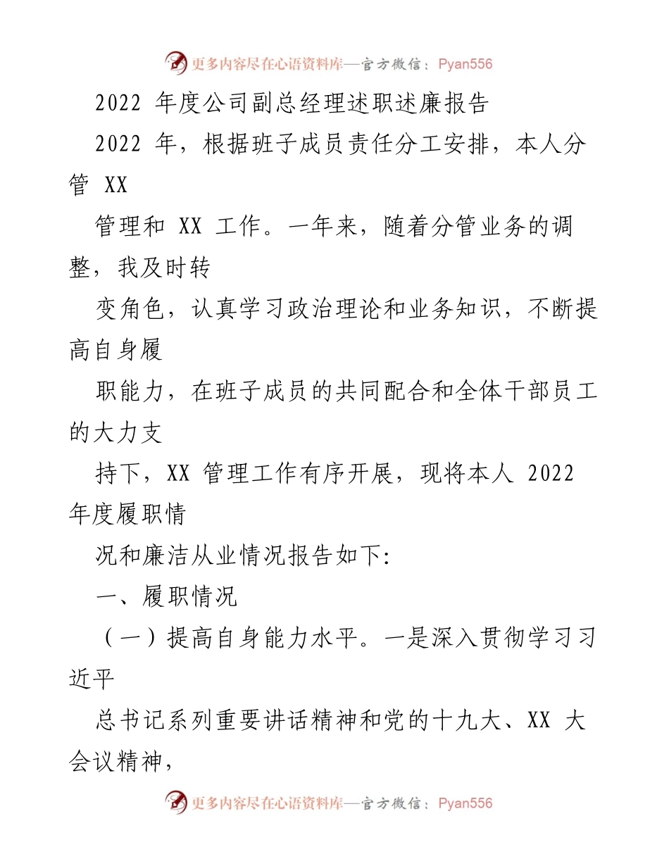 [述职报告] 年度总结 - 2022年度副总经理履职与廉洁报告.docx_第1页