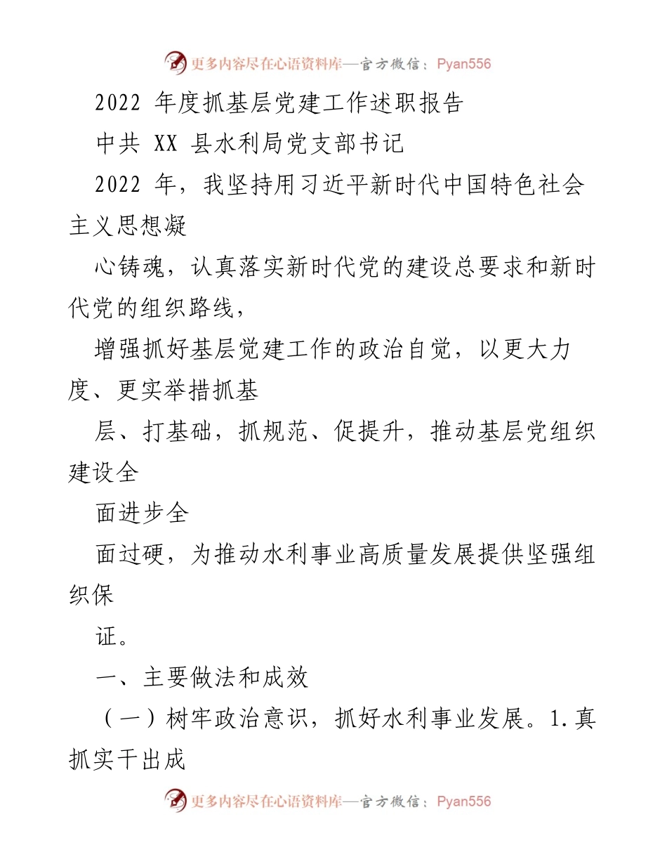 [述职报告] 基层党建工作 - 2022年度水利局党支部书记党建工作述职报告.docx_第1页