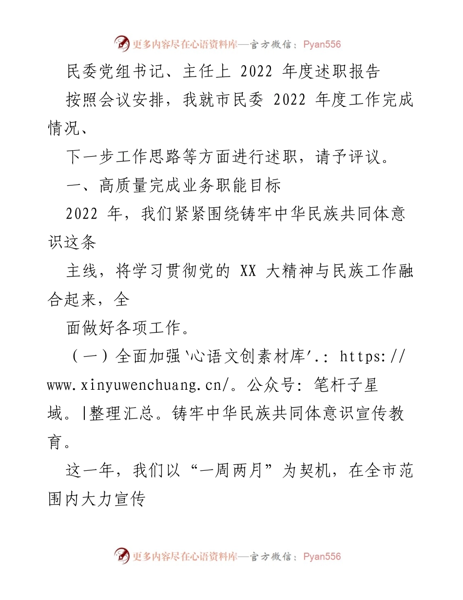 [述职报告] 民委年度工作总结 - 2022年度市民委工作述职报告.docx_第1页