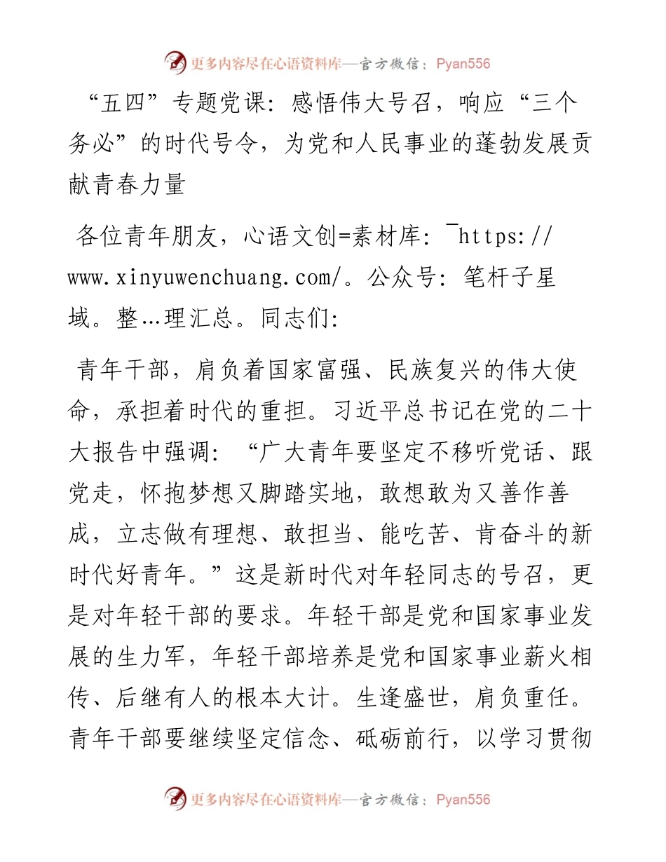 “五四”专题党课：感悟伟大号召，响应“三个务必”的时代号令，为党和人民事业的蓬勃发展贡献青春力量.docx_第1页