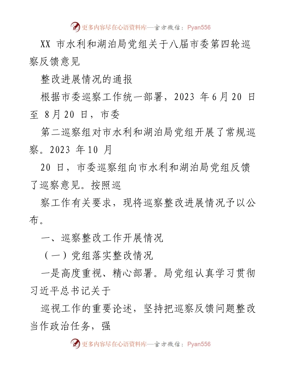 [通报] 巡察整改 - XX市水利和湖泊局党组巡察整改进展情况通报.docx_第1页