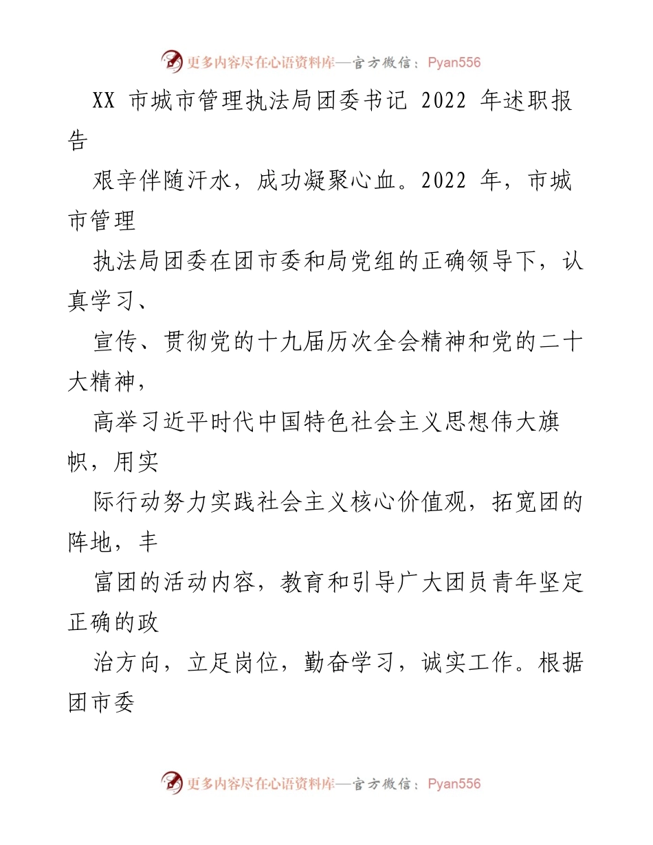 [述职报告] 市城市管理执法局 - 2022年团委工作总结与展望.docx_第1页