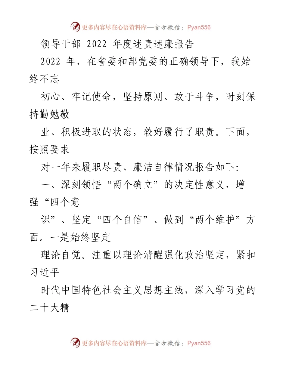 [述责述廉报告] 领导干部年度总结 - 2022年度领导干部履职尽责与廉洁自律报告.docx_第1页