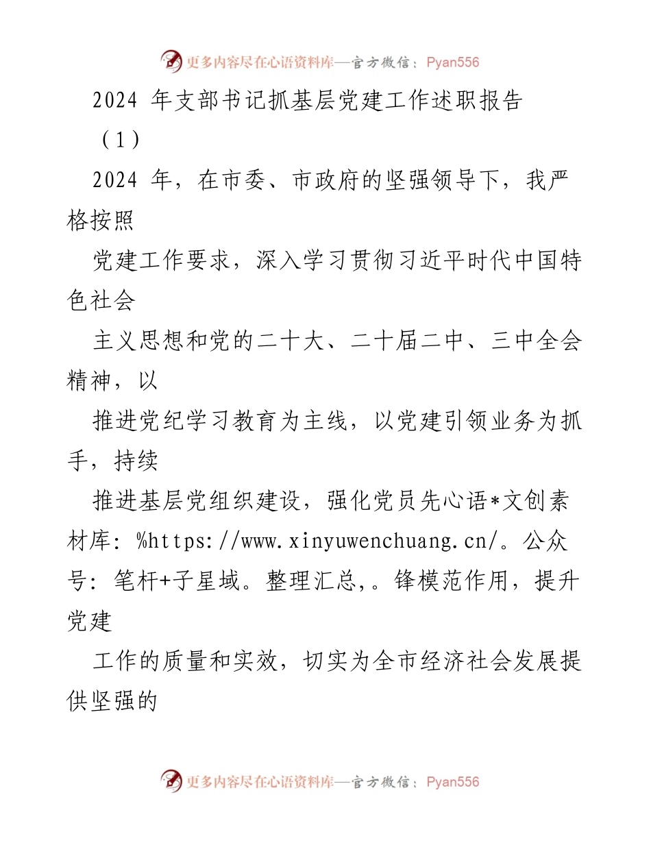 [述职报告] 基层党建工作 - 2024年支部书记抓基层党建工作述职报告.docx_第1页