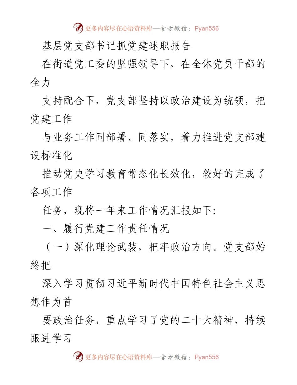 [述职报告] 基层党建工作 - 基层党支部书记党建工作述职总结.docx_第1页