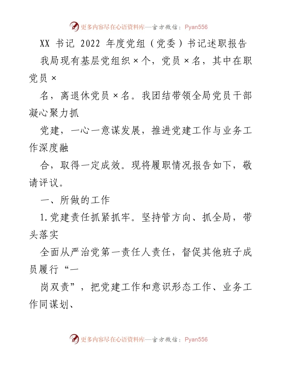 [述职报告] 年度总结 - 2022年度党组书记述职报告总结.docx_第1页