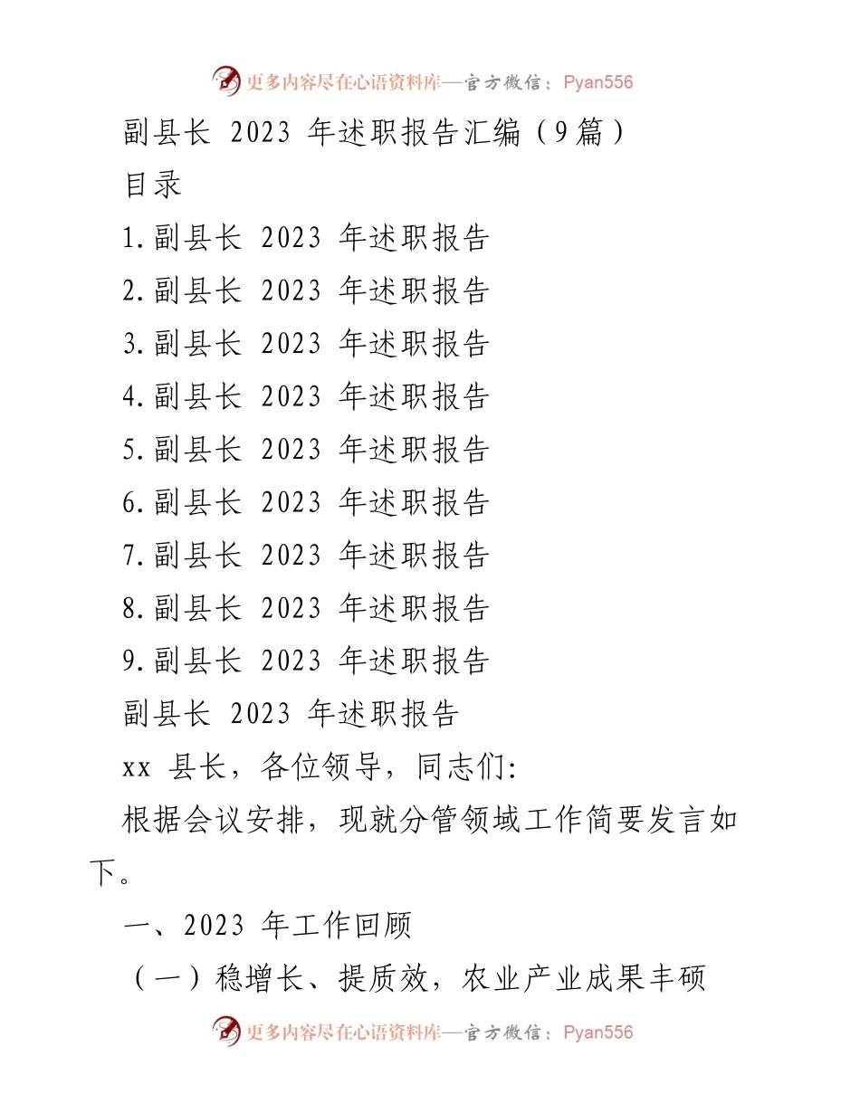 [述职报告] 政府工作总结 - 副县长2023年工作回顾与成效分析.docx_第1页