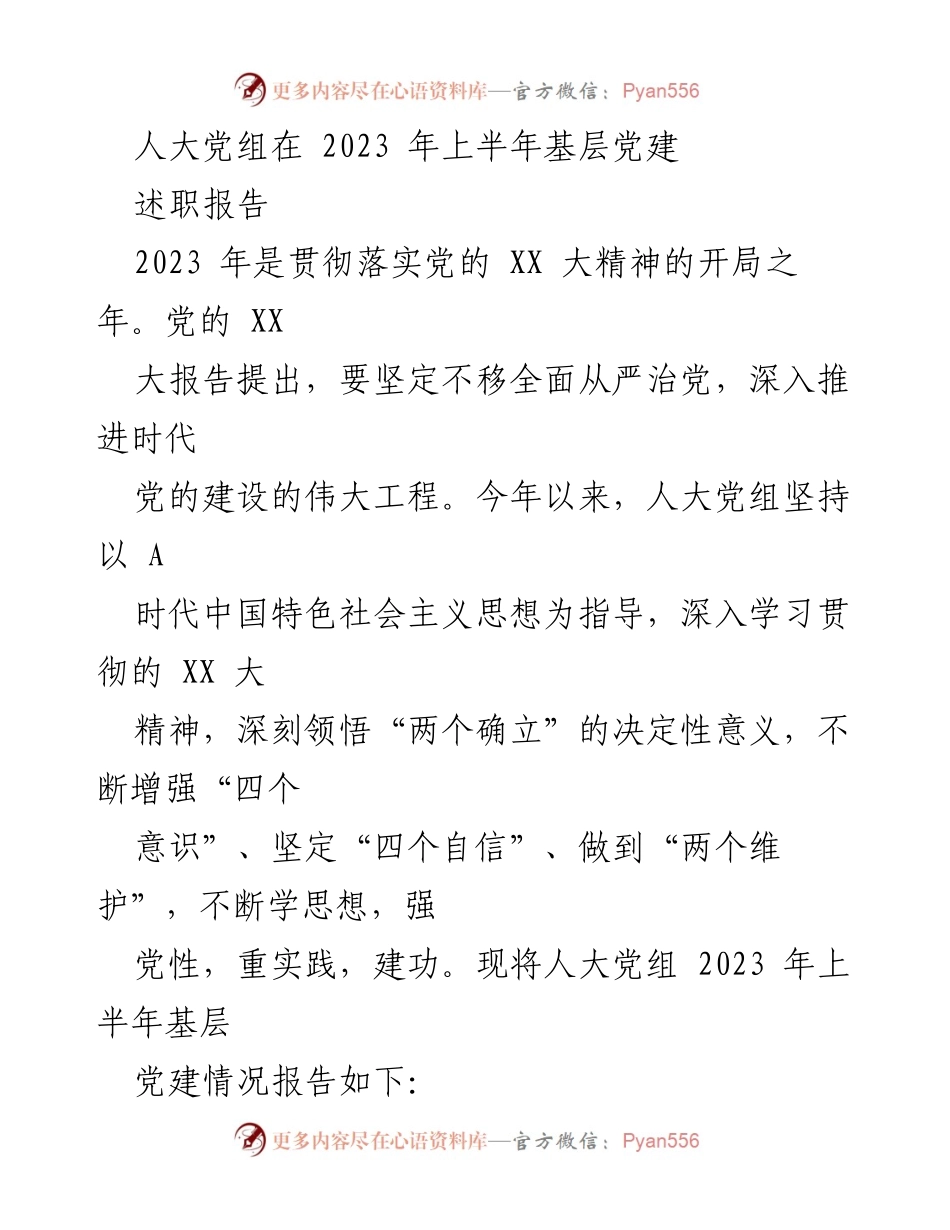 [述职报告] 基层党建 - 人大党组2023年上半年基层党建工作述职报告.docx_第1页