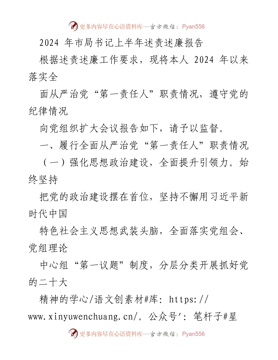 [述责述廉报告] 市局书记 - 2024年上半年述责述廉情况报告.docx_第1页