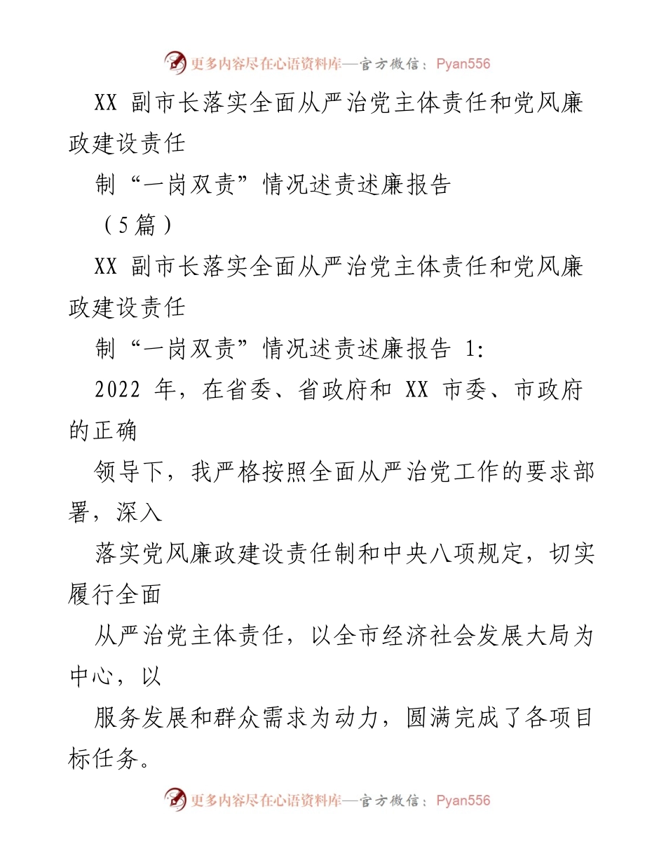 [述责述廉报告] 政府工作 - XX副市长全面从严治党责任落实情况总结_1.docx_第1页