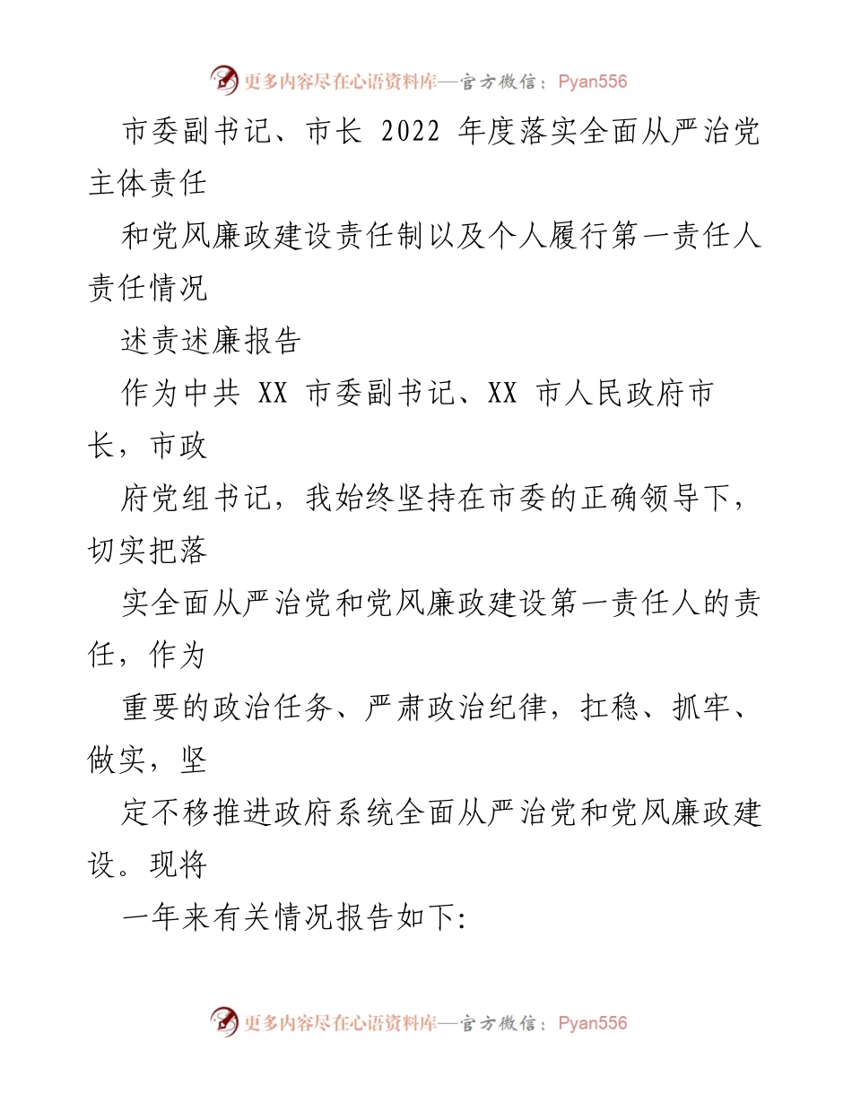 [述责述廉报告] 政府工作 - 2022年度全面从严治党责任落实情况报告.docx_第1页