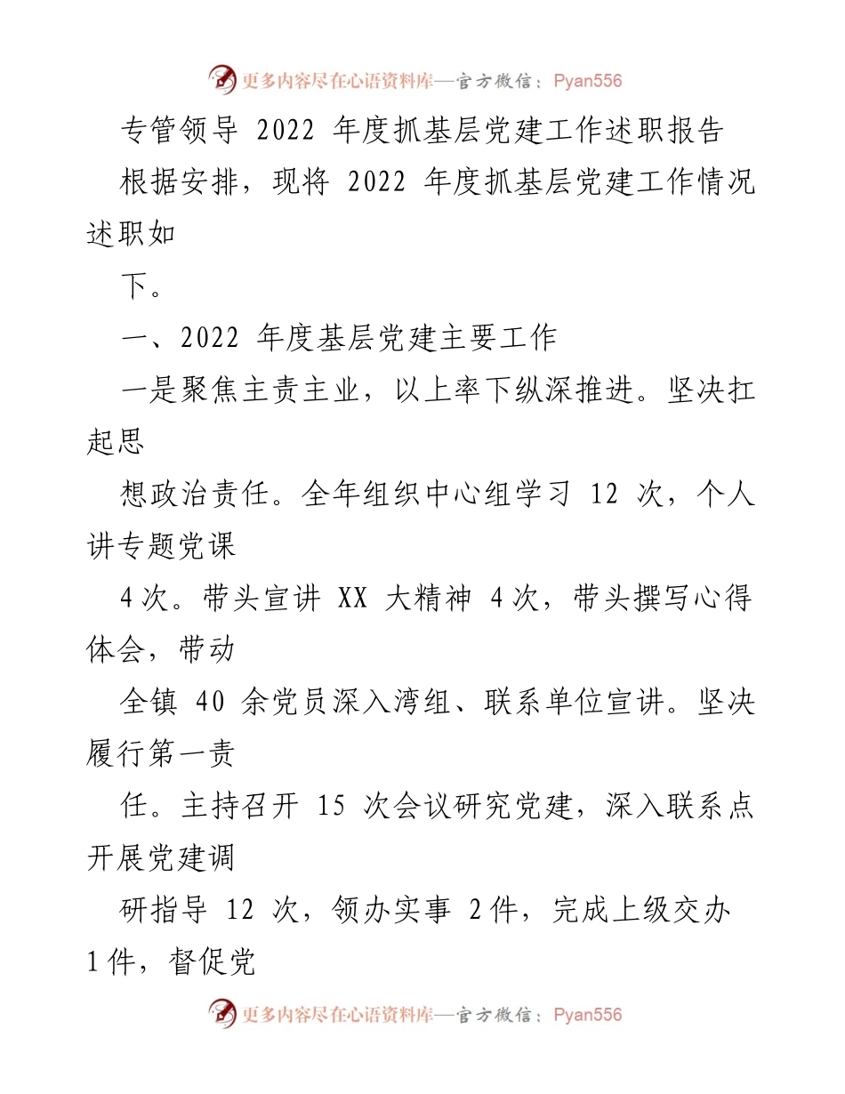 [述职报告] 基层党建工作 - 2022年度基层党建工作述职报告_16.docx_第1页