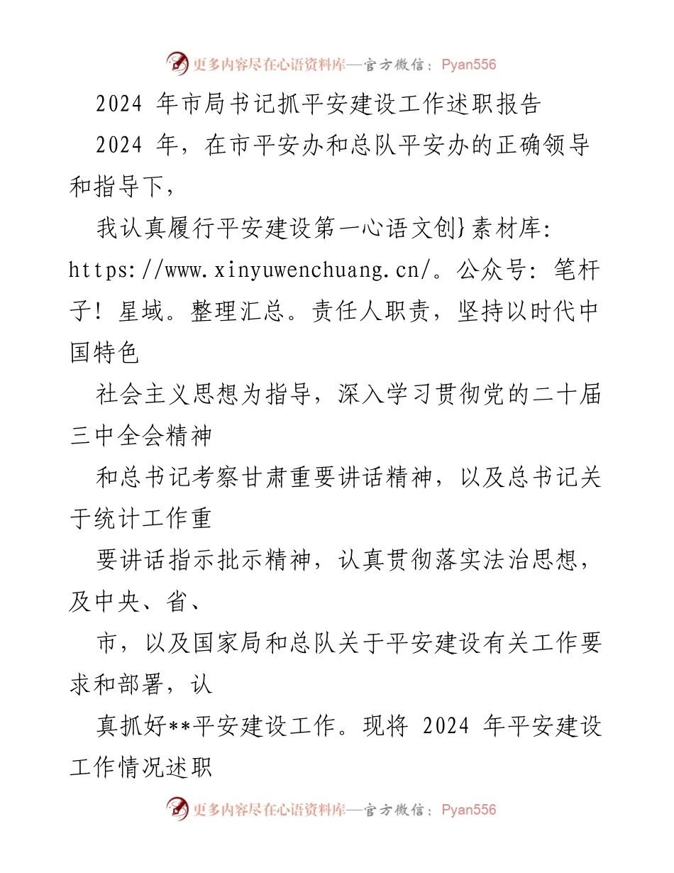 [述职报告] 市局平安建设工作 - 2024年市局书记平安建设工作述职报告.docx_第1页