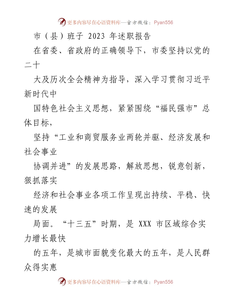 [述职报告] 市（县）班子 - 2023年度市（县）班子述职报告总结与发展思路.docx_第1页