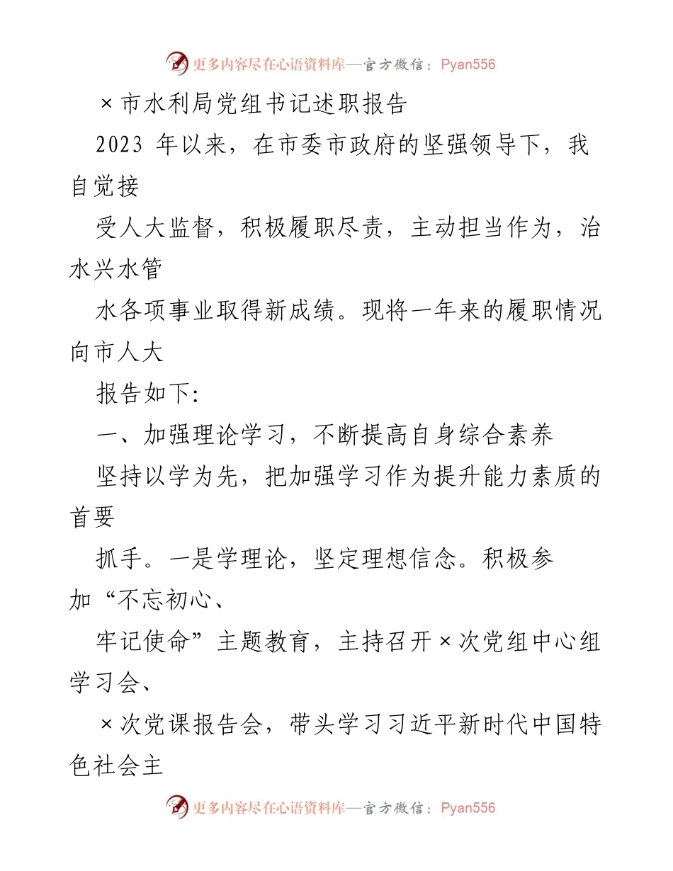 [述职报告] 市水利局 - 2023年度水利局党组书记述职总结.docx_第1页